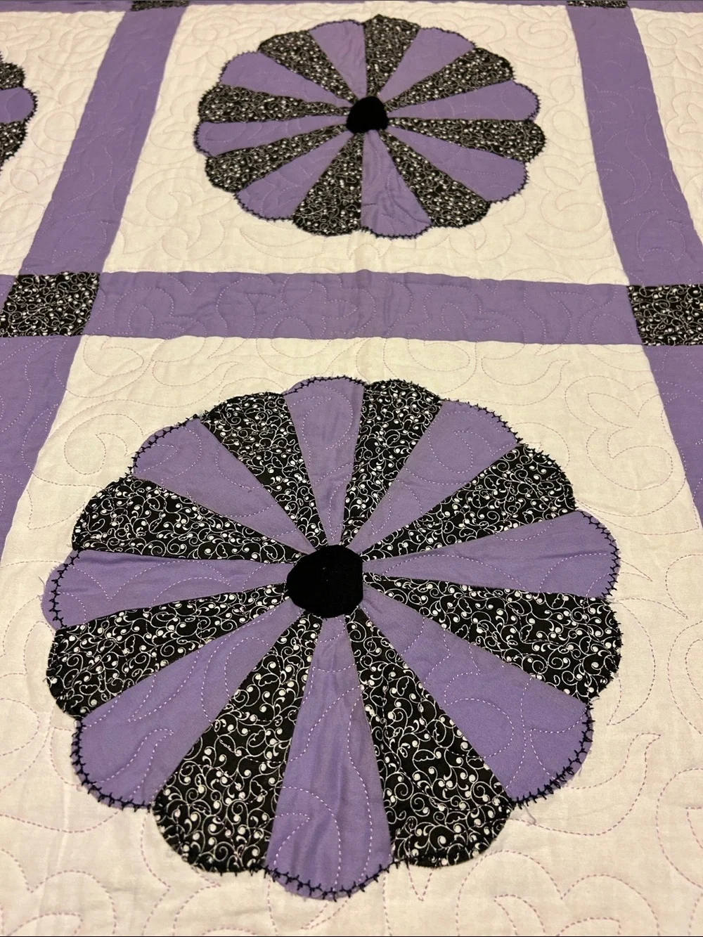 ONE OF A KIND- HANDCRAFTED Floral Quilt in Black, Lavender and Random Yellow